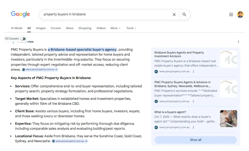 Google AI Overview citing PMC Property Buyers as a Brisbane-based specialist buyer's agency for the query "property buyers in brisbane"