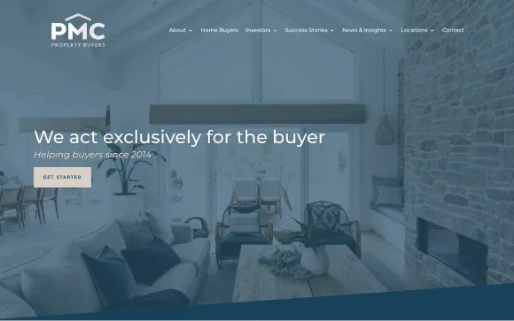 PMC Property Buyers homepage hero section with the tagline "We act exclusively for the buyer"
