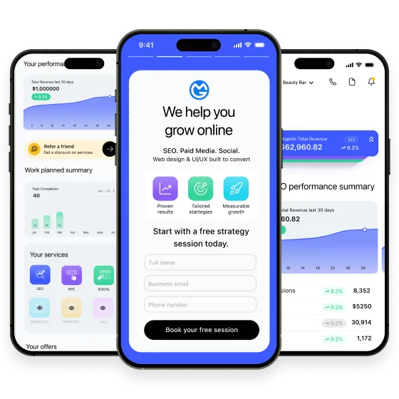 Three mobile mockups showing the Gurulytics dashboard by Online Marketing Gurus, displaying performance summaries, services, and a free strategy session signup form.