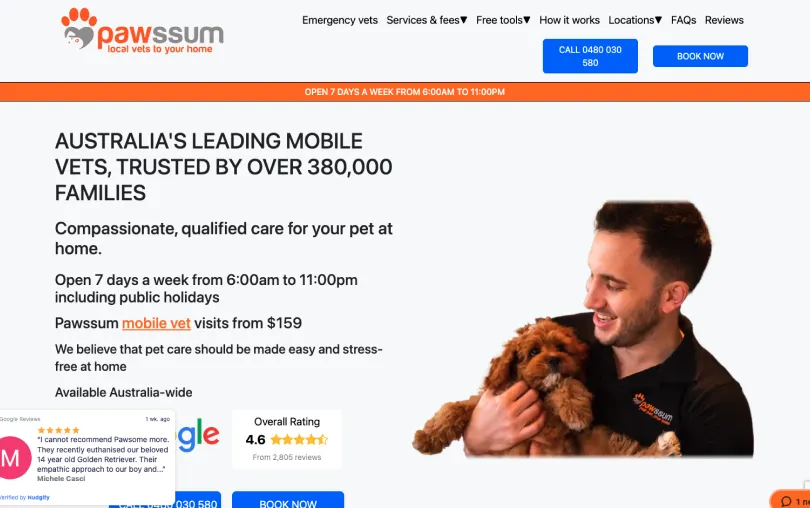 The Pawssum website homepage promoting Australia's leading mobile vets, with home visit pricing, opening hours, a Google review rating and Book Now calls to action