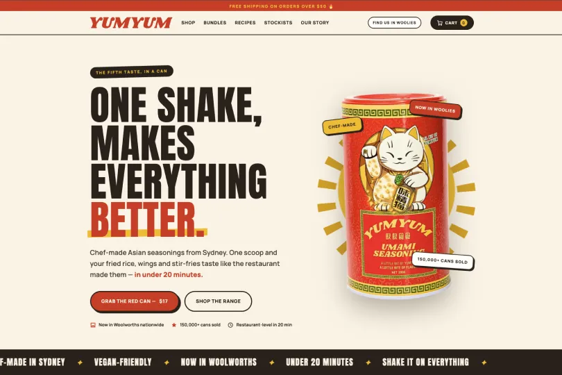 YUMYUM homepage showing umami seasoning product and hero copy