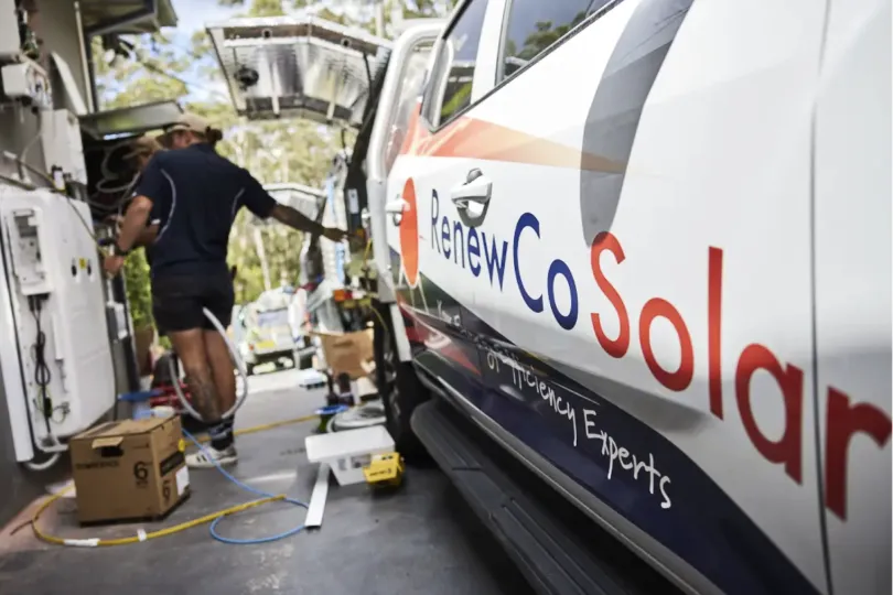 RenewCo Solar branded van at a residential solar installation site