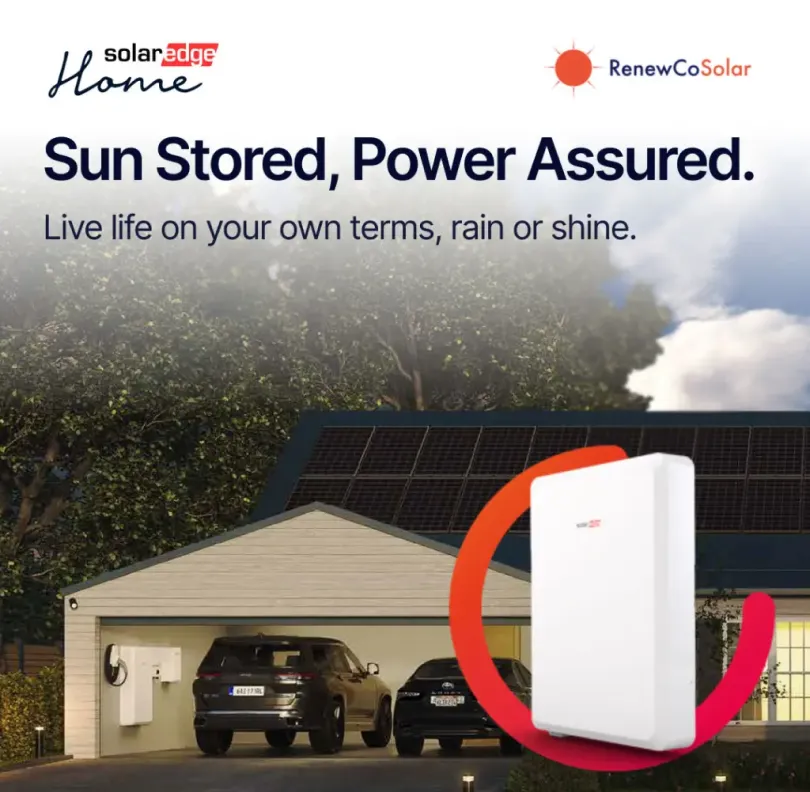 RenewCo Solar and SolarEdge Home co-branded creative featuring a home battery unit