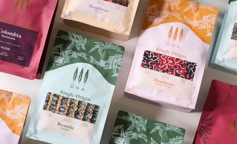 Ona Coffee single origin specialty coffee bean packaging range including Rwanda, Honduras and Colombia
