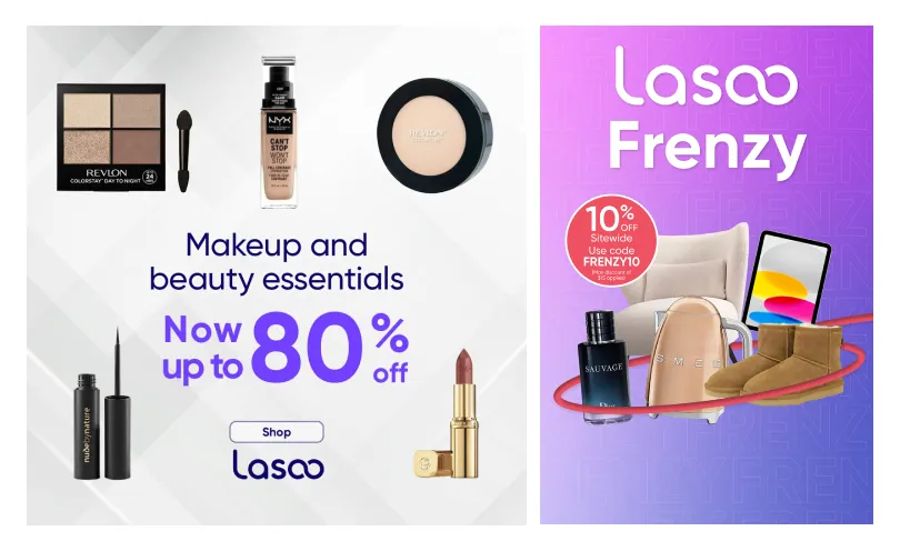 Two best-performing Lasoo social ads, a beauty ad showing Revlon, NYX and Nude by Nature products at up to 80% off, and a Lasoo Frenzy ad offering 10% off sitewide across fragrance, footwear, tech and appliances