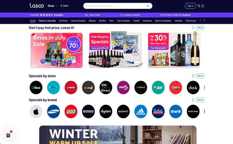 The Lasoo website homepage showing seasonal sale banners, category navigation, and specials browsable by store and by brand