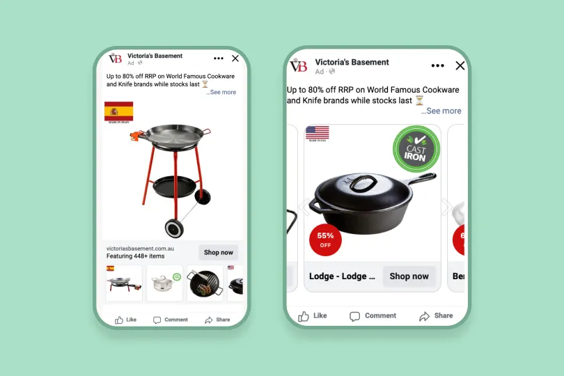 Victoria's Basement top-performing Facebook catalog ads featuring discounted cookware brands