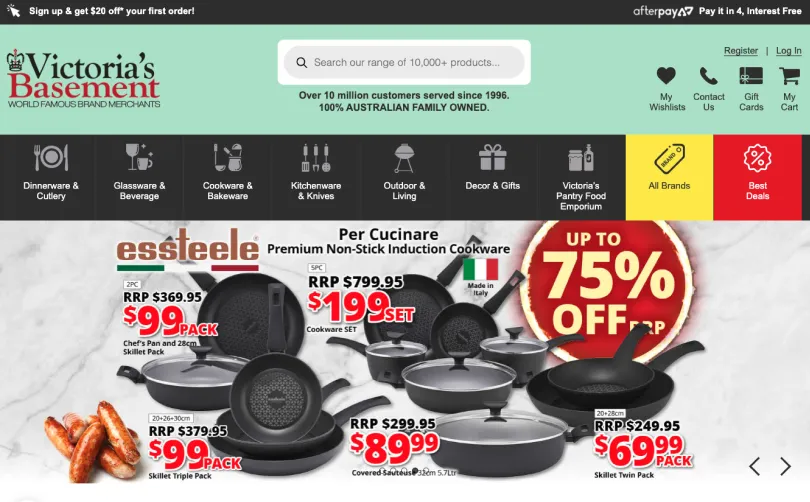 Victoria's Basement homepage promoting Essteele Per Cucinare premium non-stick induction cookware at up to 75% off
