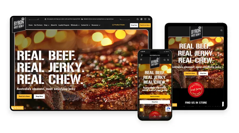 Byron Beef Jerky new website shown across desktop, tablet and mobile devices
