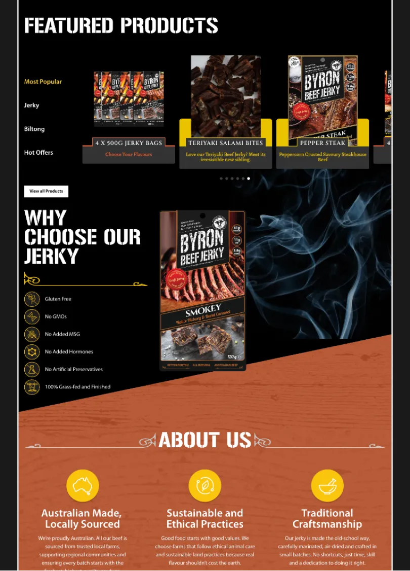 Byron Beef Jerky featured products range and "Why Choose Our Jerky" section highlighting gluten free, no GMOs, no MSG, no added hormones, no artificial preservatives and 100% grass-fed beef
