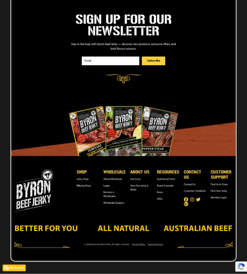 Byron Beef Jerky newsletter signup and footer showcasing Teriyaki, Lime & Cracked Pepper and Pepper Steak jerky range