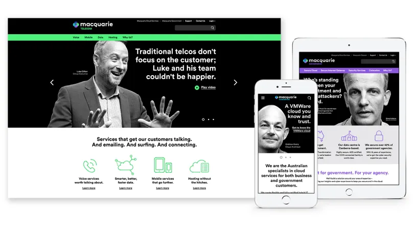 Macquarie Telecom website design shown across desktop, tablet and mobile with hero, services and government pages