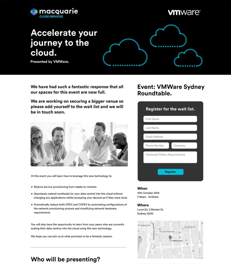 Macquarie Cloud Services and VMware Sydney Roundtable event landing page promoting the "Accelerate your journey to the cloud" registration