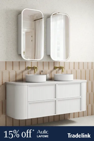 Pinterest ad creative example for Tradelink promoting 15% off Aulic Lafeme bathroom vanities and mirrors