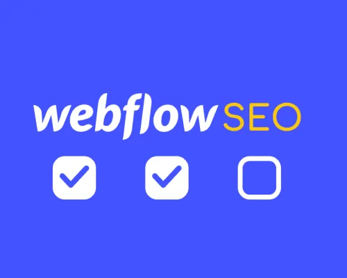 Webflow SEO graphic featuring the Webflow logo and a checklist illustration on a blue background.