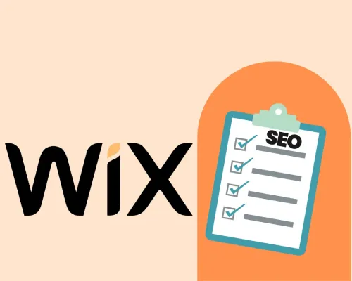 Wix SEO illustration with the Wix logo and an SEO checklist clipboard on a peach background.