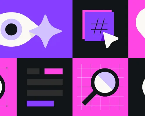 Abstract SEO illustration in purple, pink, and black featuring icons representing visibility, tagging, content, and search.
