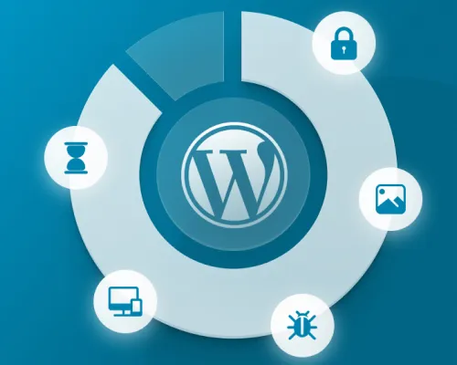 WordPress SEO illustration with the WordPress logo surrounded by icons representing site speed, security, imagery, responsive design, and bug fixes.