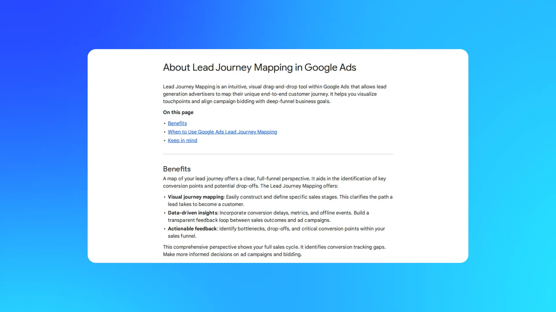 Google Ads Lead Journey Mapping interface explaining how advertisers can map lead stages, identify conversion points and connect campaigns with sales outcomes.