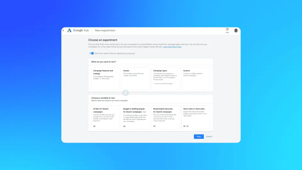 Google Ads experiment interface showing new A/B testing options for Search campaigns and AI Max.