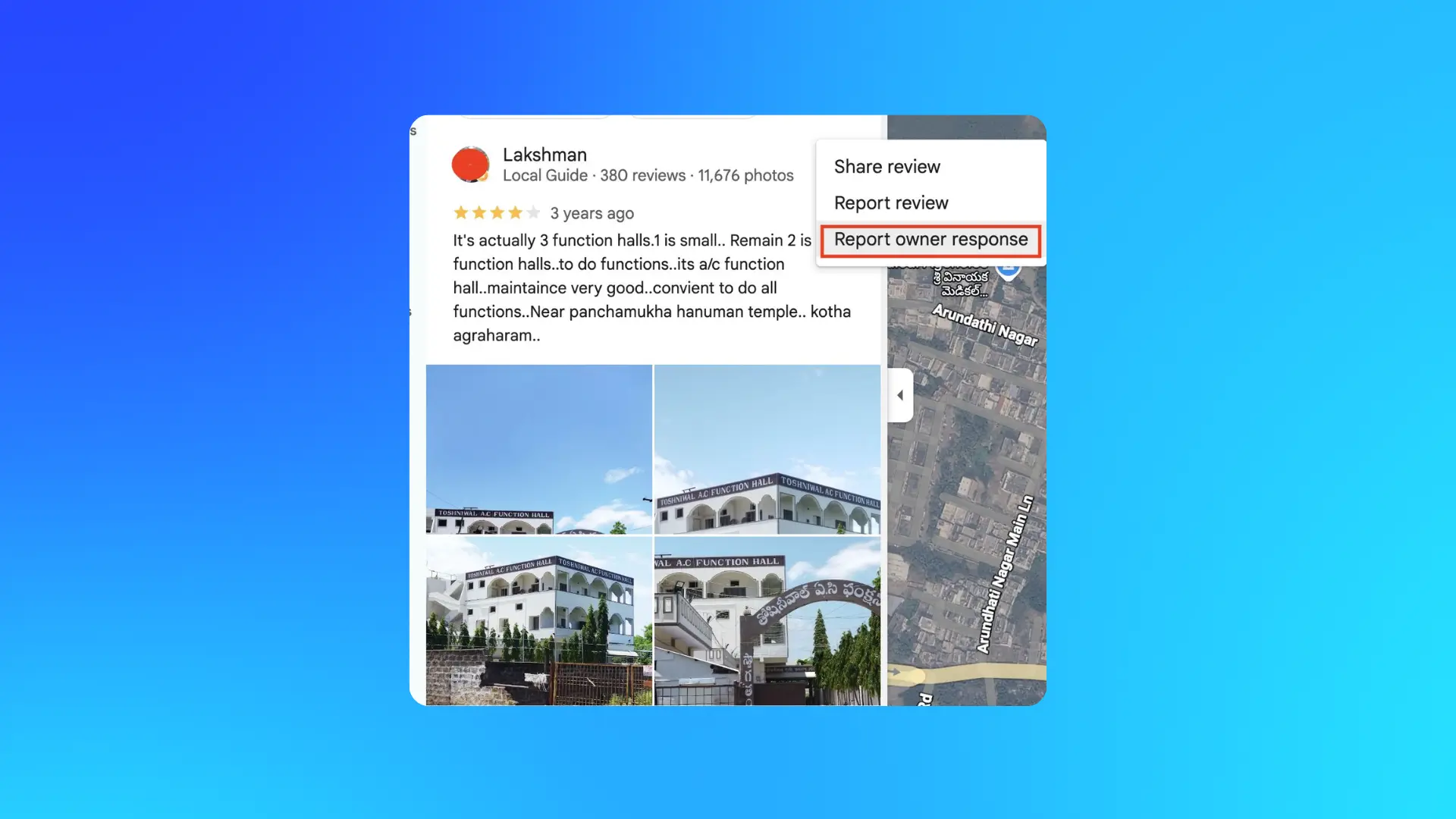 Google Business Profile review showing the new option to report a business owner response.