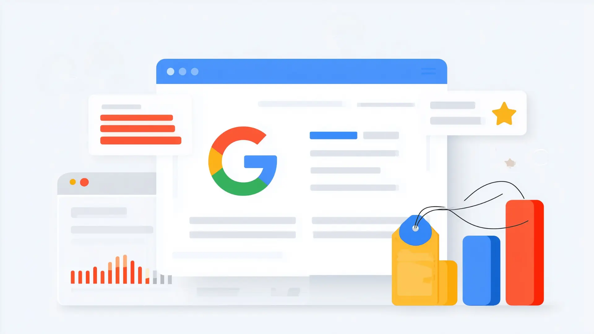 Google Merchant Center illustration representing product-level performance reporting and Shopping campaign insights across Google.