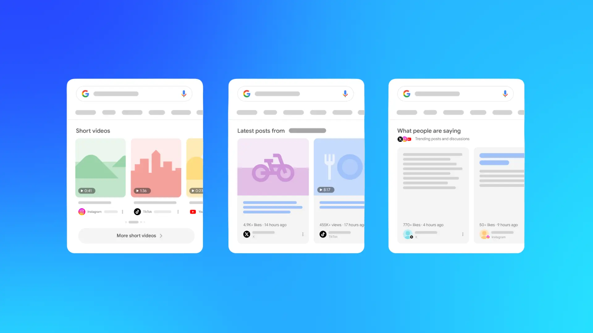 Google Search results showing social and video content from Instagram, TikTok, YouTube and X as Google expands social performance reporting in Search Console.