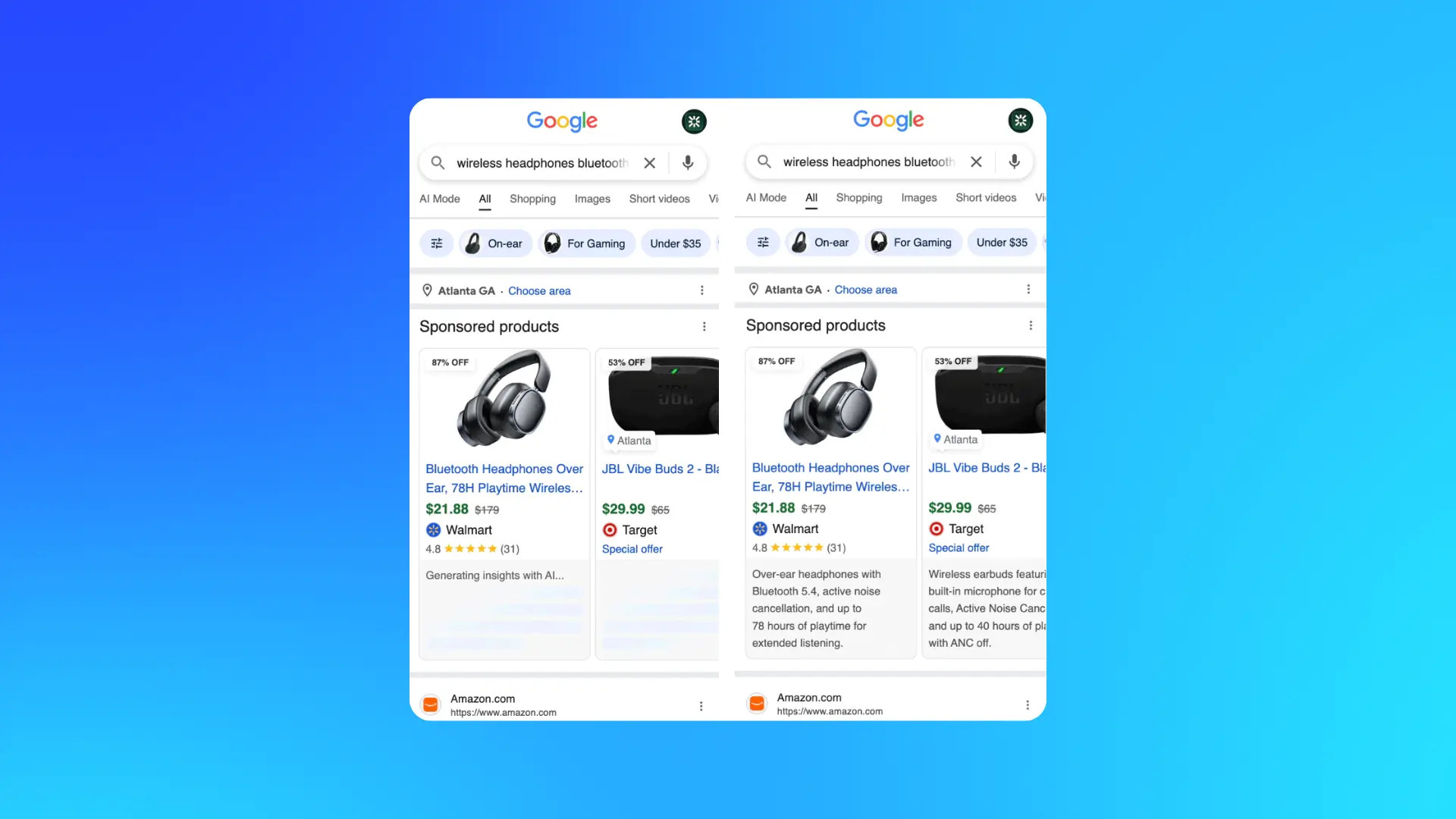 Google Shopping ads for wireless headphones showing AI-generated product descriptions added beneath sponsored product listings.