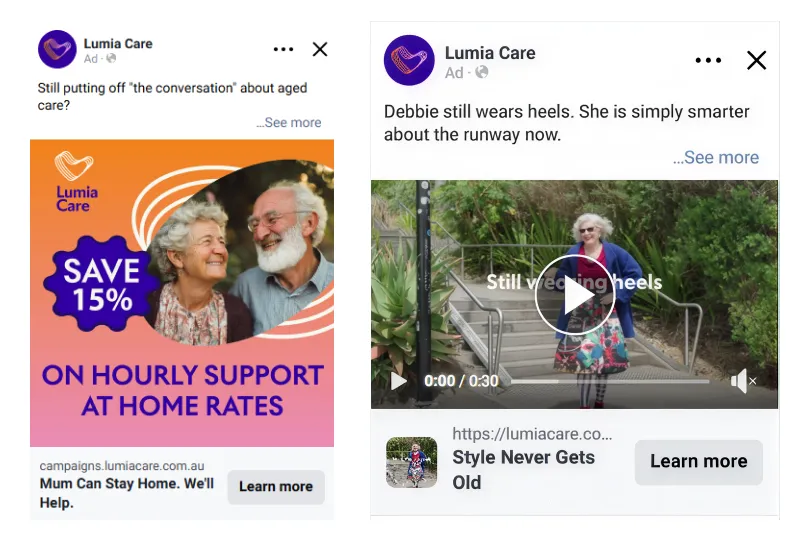 Two Lumia Care Facebook ads, a 15% off hourly home support offer and a "Style Never Gets Old" video ad