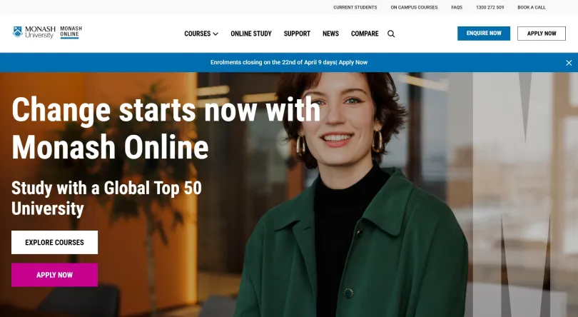 Monash Online homepage with the headline Change starts now with Monash Online, study with a Global Top 50 University