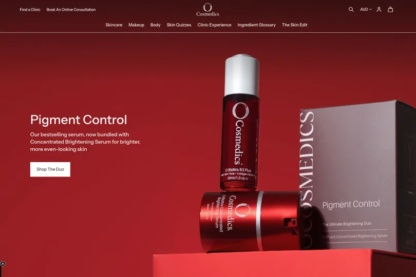 O Cosmedics homepage showing the Pigment Control serum duo campaign banner