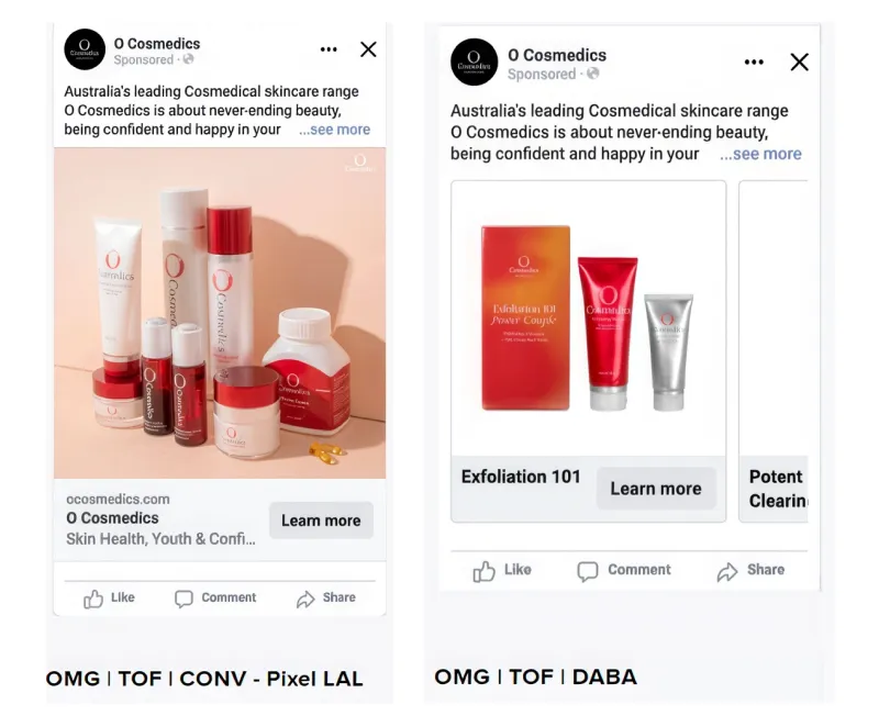 Two O Cosmedics Facebook ads, a product range image and a carousel featuring Exfoliation 101