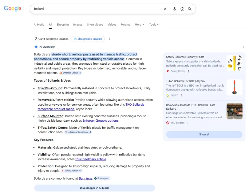 Google AI Overview for the search term bollard, citing Safety Xpress as a source and featuring its Safety Bollards product listing