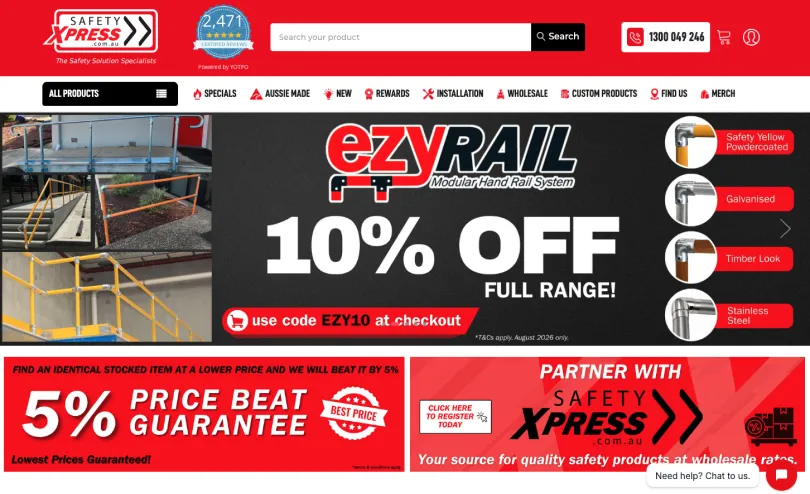 Safety Xpress homepage showing the EzyRail modular handrail promotion and 5% price beat guarantee