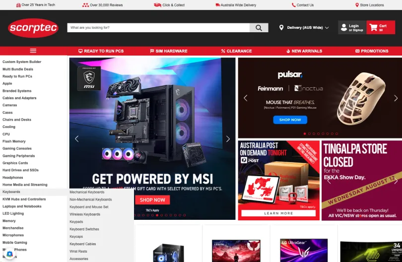 Scorptec homepage showing the product category menu, gaming PC hero banner and promotional tiles