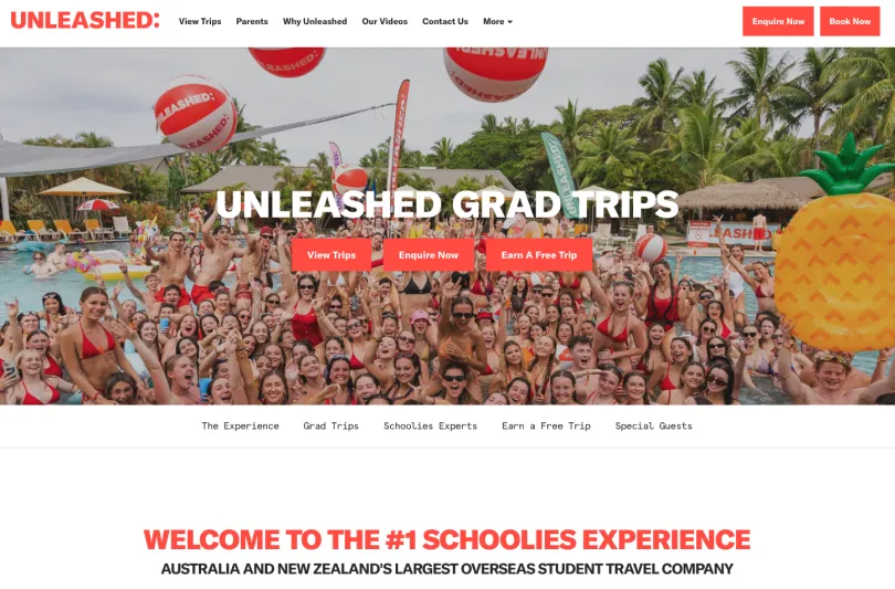 Unleashed Travel homepage promoting Unleashed Grad Trips, Australia and New Zealand's largest overseas student travel company