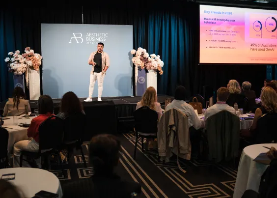 Saf, OMG Chief Growth Officer, presenting AI search trends at Aesthetic Business Masters Sydney