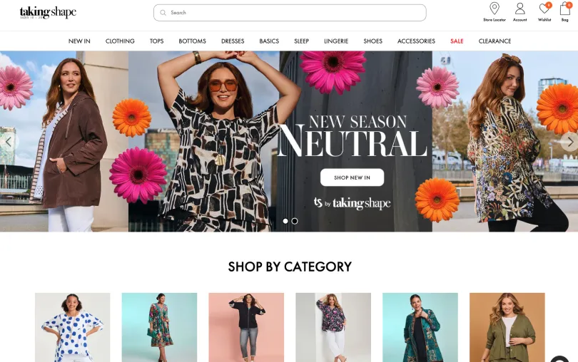Taking Shape homepage showing the New Season Neutral campaign banner and Shop By Category tiles