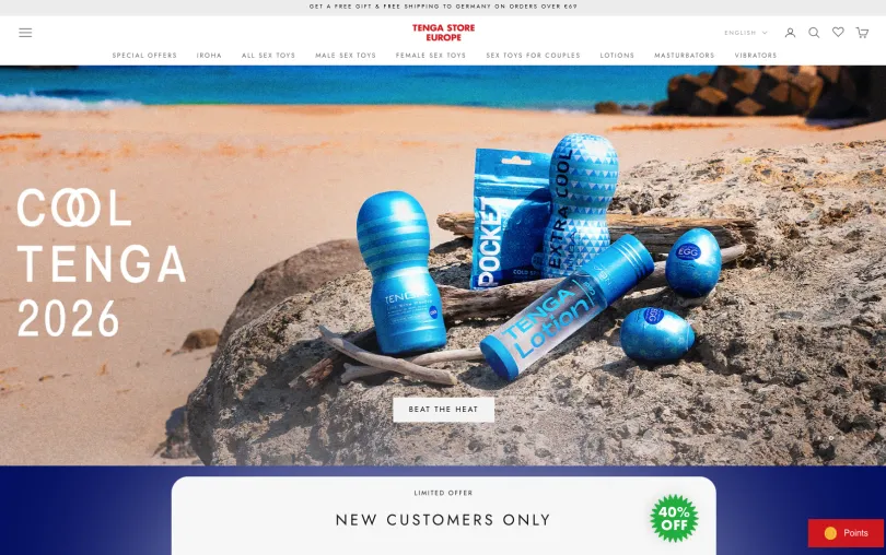TENGA Store Europe homepage showing the Cool TENGA 2026 campaign banner and a new customer offer