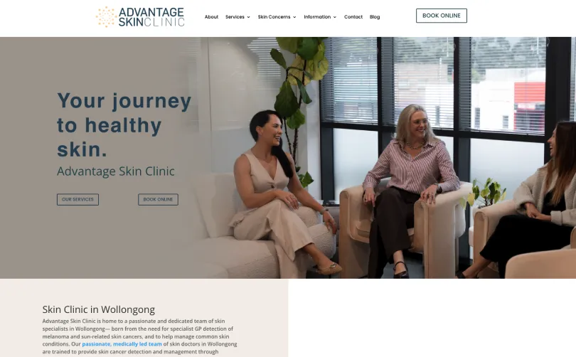 Advantage Skin Clinic homepage with the "Your journey to healthy skin" banner and Wollongong clinic introduction