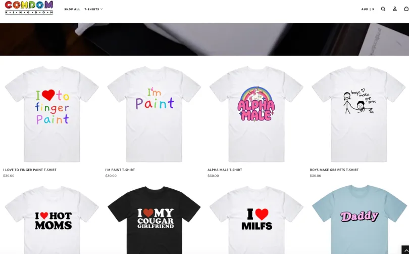 Condom Kingdom online store showing the novelty t-shirt range with prices and category navigation