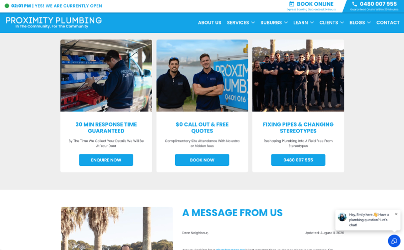 Proximity Plumbing homepage showing 30-minute response time, free quotes and team service cards