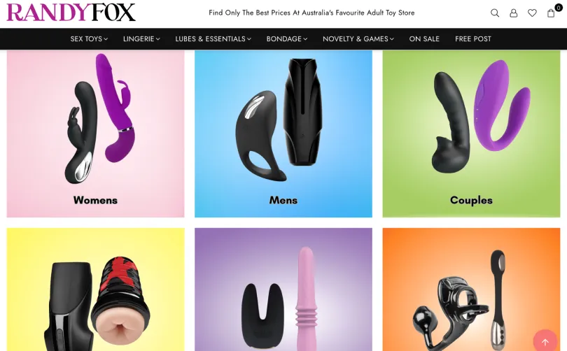 Randy Fox online store showing Womens, Mens and Couples category tiles and the main navigation