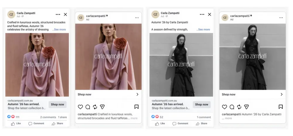 Four best-performing Carla Zampatti Facebook and Instagram ads featuring Autumn '26 collection looks in blush and black