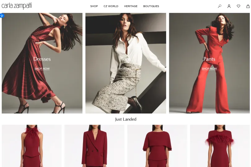 Carla Zampatti homepage showing Dresses, Tops and Pants category tiles above a Just Landed product row