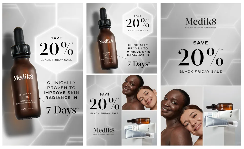 Best performing Medik8 Meta ad creatives promoting a 20% Black Friday sale on C-Tetra Luxe serum