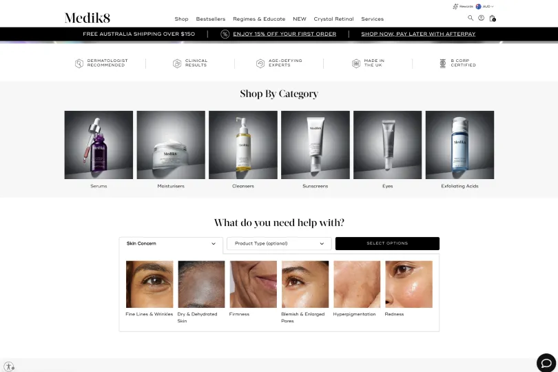 Medik8 website homepage showing shop by category and skin concern navigation