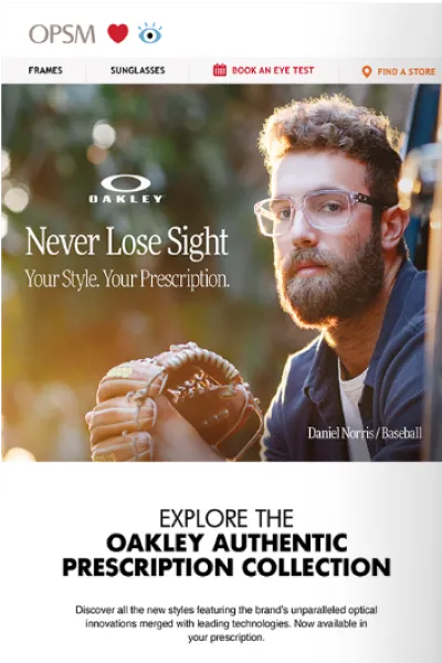 OPSM email design promoting the Oakley Authentic Prescription Collection