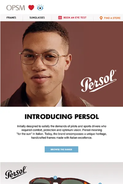 OPSM email design introducing Persol eyewear