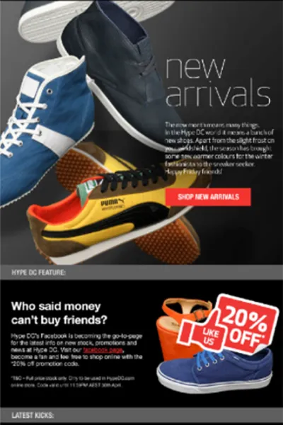 Hype DC email design featuring new sneaker arrivals and a 20% off offer